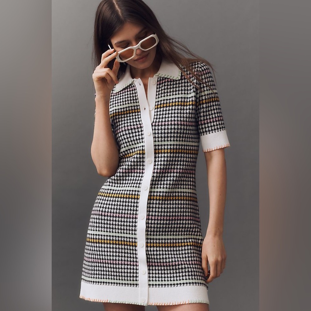 Anthropology Black and White Houndstooth Dress with Yellow Accents